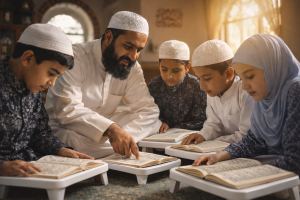 Teacher guiding students